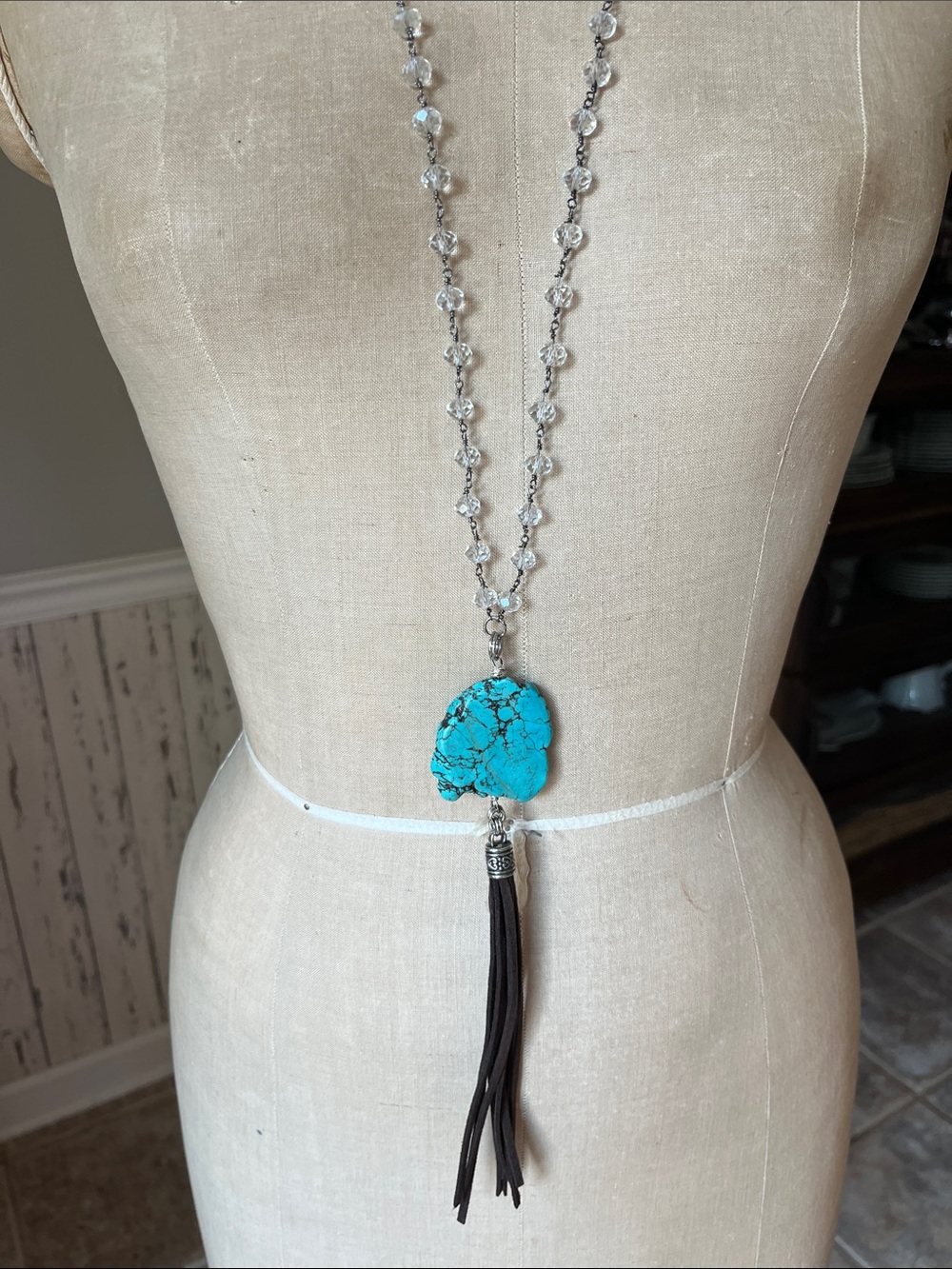 Katrina turquoise Howlite Stone Pendant Long Necklace chocolate suede tassel